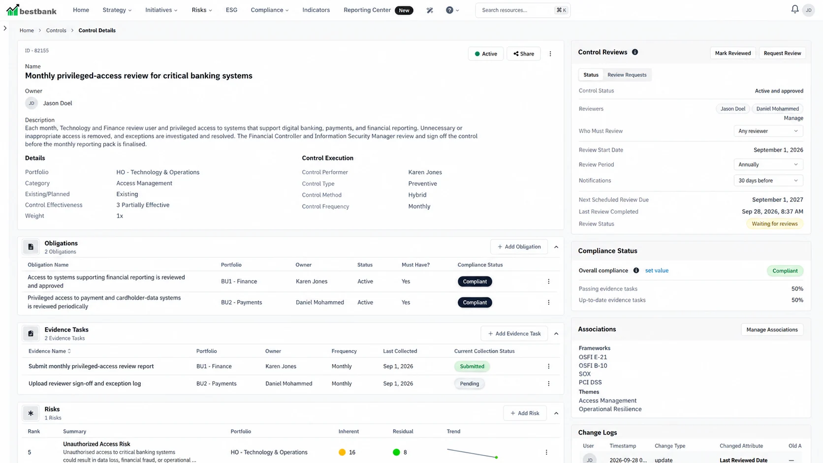 Financial services compliance control linking OSFI, SOX and PCI DSS obligations with evidence tasks, risks and compliance status.