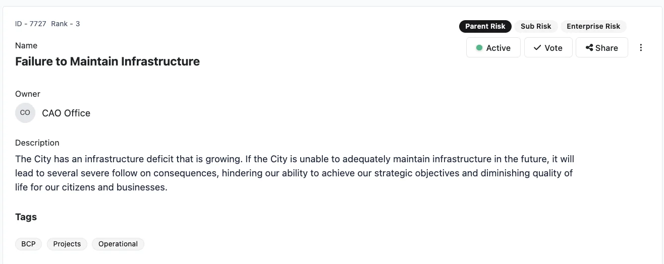 Public sector risk record for failure to maintain city infrastructure, owned by the CAO Office.