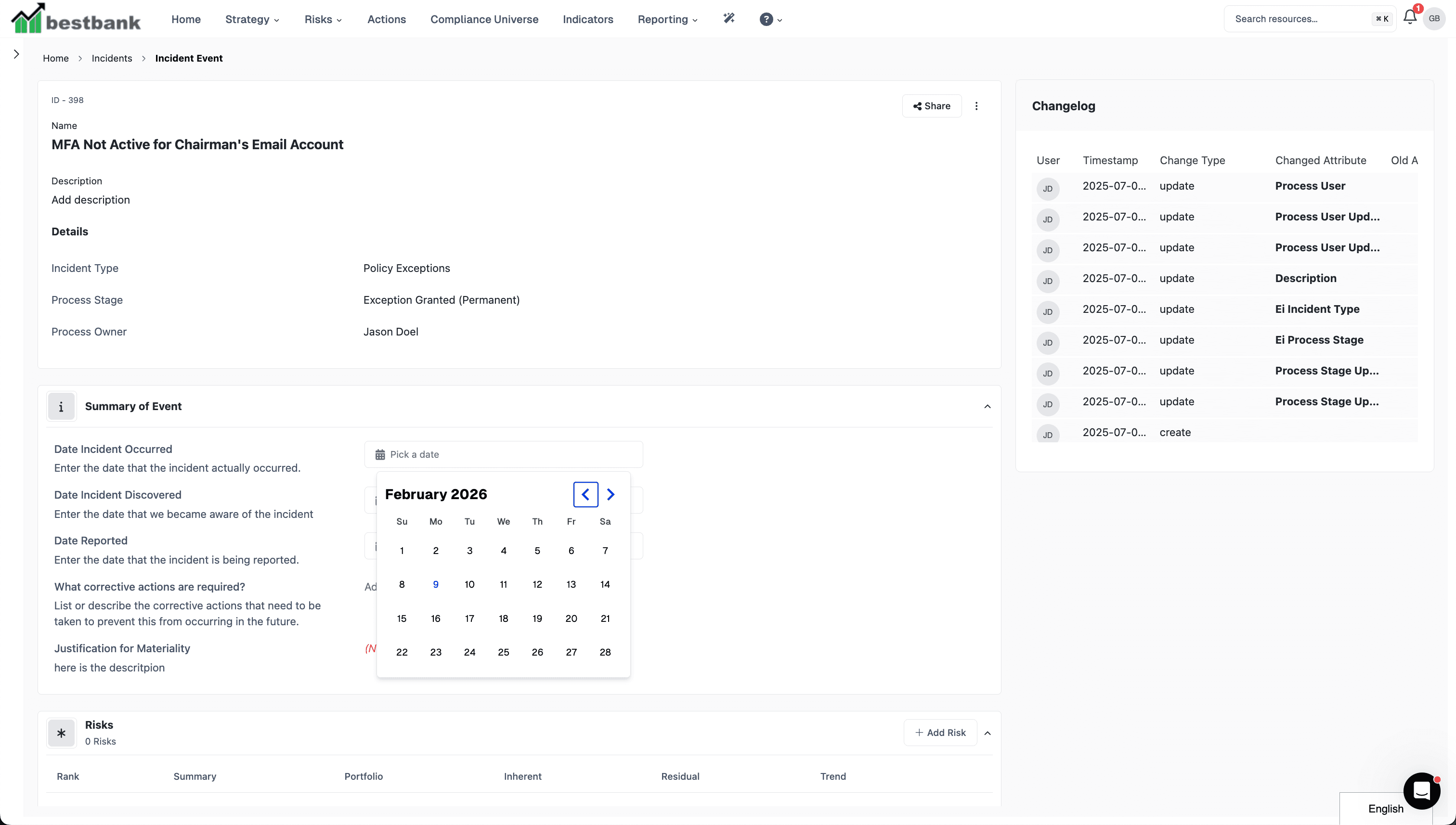 Essential ERM Incident Details showing incident tracking, investigation, and resolution