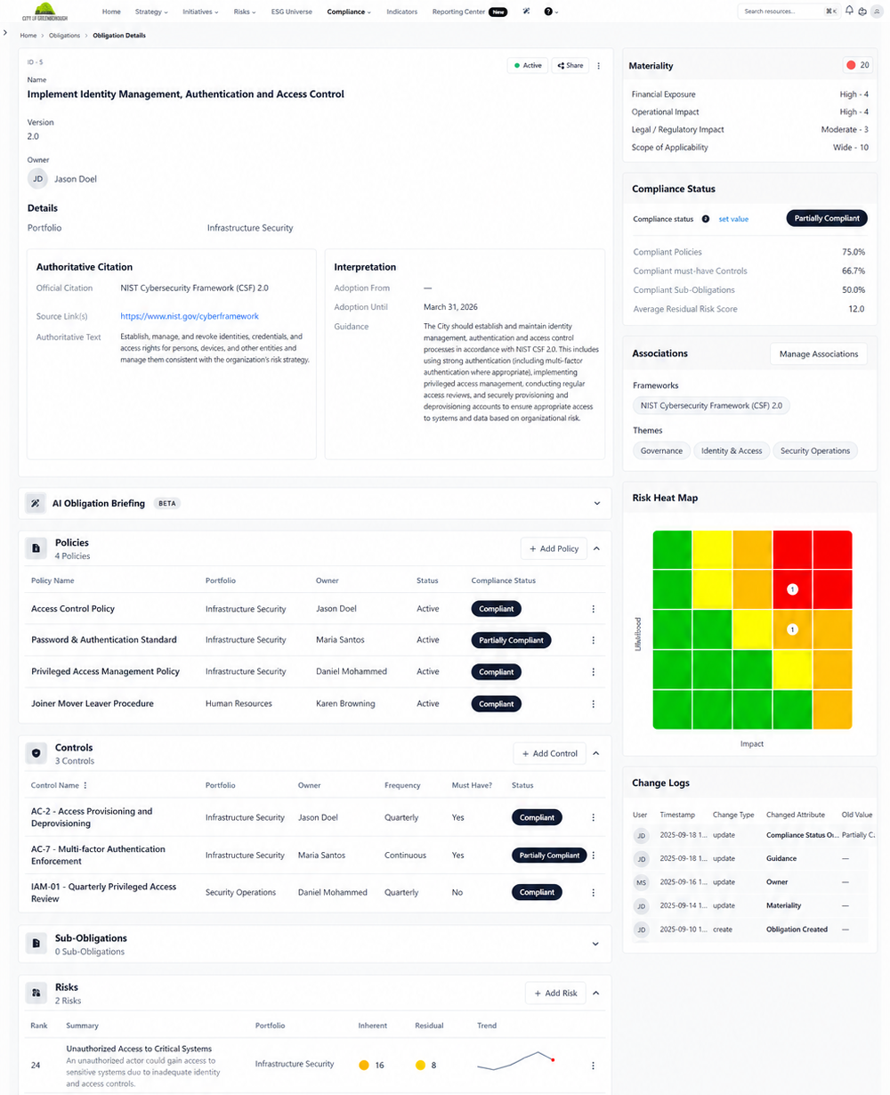 Obligation details for a NIST CSF identity management outcome showing linked policies, controls, sub-obligations and risks